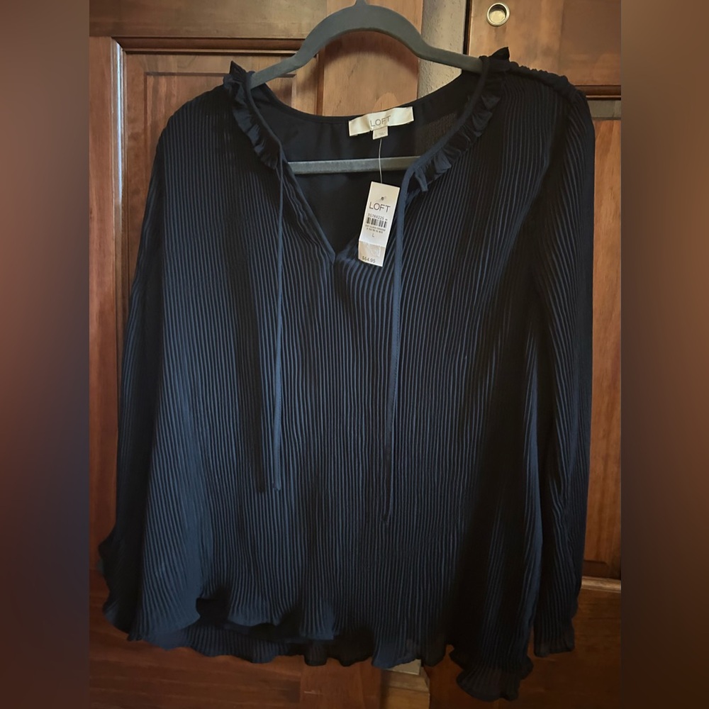 LOFT Black Ruffled 3/4 Sleeve Blouse